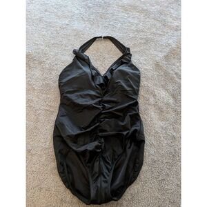 Lands End Black Ruffle Halter One Piece Swimsuit Tummy Control Ruched Size 12